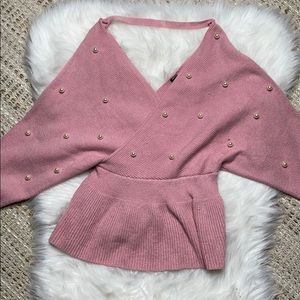 Peplum Knitted Pink Pearled Sweater